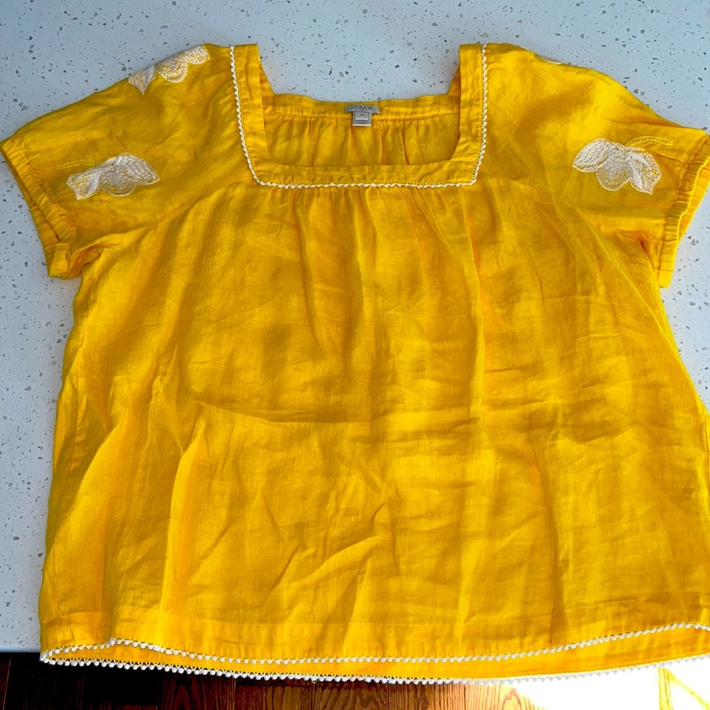 J. Crew Women's Embroidered Yellow Boho Blouse Square Neck 100% Linen- XL